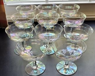 Vintage Set of 11 Iridescent Crystal Stemware Coupes - Dessert - Sherbet Glasses