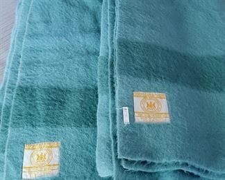 Two Vtg Hudson’s Bay Point Blanket Teal Green Wool Made In England 3.5 Points 1930s