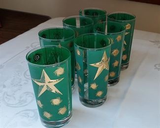 Green/Gold Christmas Signed  William A Meier Signed Tumblers Set of Seven 10 ounce