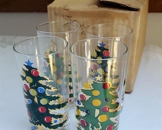 MCM Set 8 Vtg Federal Glass Christmas Tree weighted Highballs Tumblers Gold 5.5"