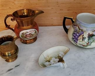 Staffordshire, Z S & C Floral White Vintage Pitcher and Antique Copper Lusterware Pitcher