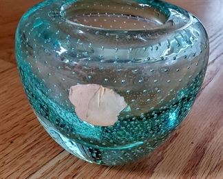 Val Saint Lambert Aqua Bubble Vase, Charles Graffart controlled bubble technique, Mid Century Crystal Vase
