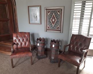 Pair of button tufted armchairs, two crown chimney pots, Navajo weaving, interesting  Native American image