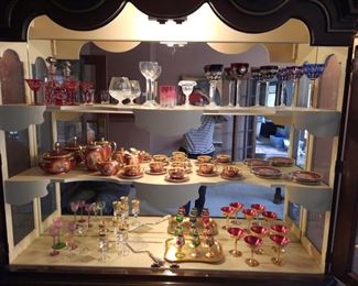 Assortment of Bohemian glass ware; Czech cut-to-clear stemware, Florence, Italy stemware; fancy chocolate set from Germany