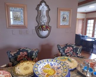 Doplhin & shell fountain; Italian pottery and fine porcelain plates; (2) of (5) tapestry bar stools.