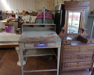 tool work table and antique dresser with mirror