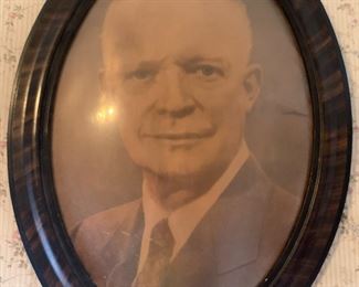Antique Oval Picture Frame with Convex Glass  | President Eisenhower Portrait 