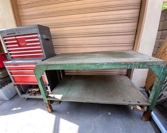 Vintage Green Metal Workbench with Forklift Brackets, Craftsman Tool Chest