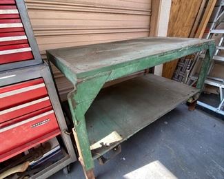 Vintage Green Metal Workbench with Forklift Brackets