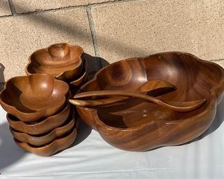 Monkey Pod 11 piece Salad Set: 1 large salad bowl, 2 serving utensils, 8 individual salad bowls