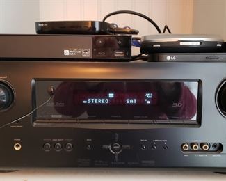 Denon AVR-1911 surround sound receiver.
Roku Ultra. Sony blue ray. LG DVD writer. Portable CD player.