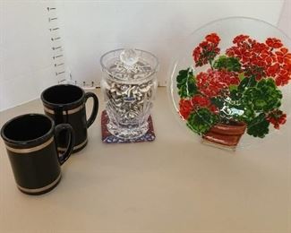 Marquis Waterford biscuit jar with striped bow tie pasta, red geraniums glass plate, 2 Hallmark mugs