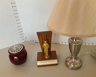 Lamp 19" tall, valedictorian figure, red glass jar with lid