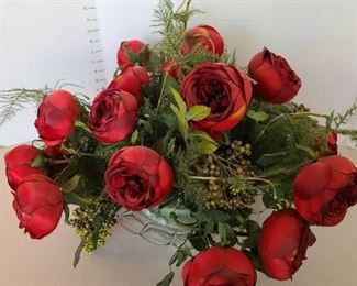 Glass bowl with artificial roses, 18" tall