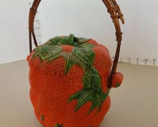 Vintage strawberry biscuit cookie jar with wicker handle (broken lid has been glued)