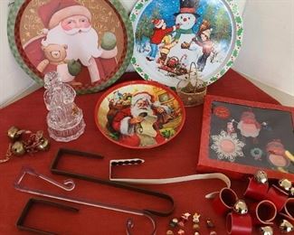 Christmas tins and plastic serving pieces, napkin holders, wreath hangers, frames, miniatures
