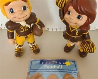 Vintage ceramic molds football player and cheerleader 10" and 11" tall and paper football garland