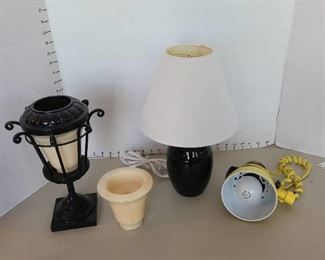 Ten inch tall metal candle holder with candle and replacement candle, lamps