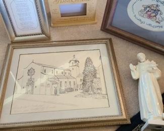 Sacrart figure of St. Francis 10 in. tall, framed wall decor, wooden grandchildren photo album