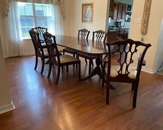 2_____$1,795
Mahogany double pedestal table 68Lx44Wx30T with 3 leaves 16""EACH"		
Henkell & Harris 2 Armchairs & 4 chairs mahogany 