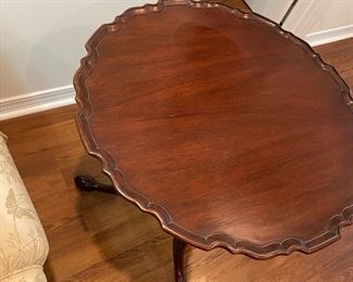 _____$180 	"
Mahogany pie crest table, tilt top 28Wx28T "		