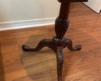 _____$180 	"
Mahogany pie crest table, tilt top 28Wx28T "		