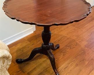 _____$180 	"
Mahogany pie crest table, tilt top 28Wx28T "		