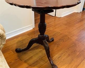 _____$180 	"
Mahogany pie crest table, tilt top 28Wx28T "		