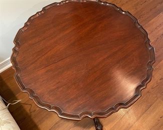 _____$180 	"
Mahogany pie crest table, tilt top 28Wx28T "		