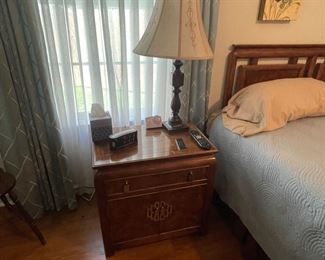 14_____$950 	
Century king size bed (headboard can accommodate 
Queen mattress too)		
Burl wood Asian style Two night chests 25x16x26	
Dresser 62x18x32H	