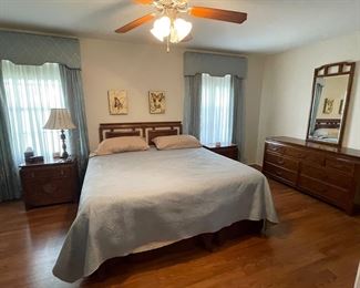 14_____$950 	
Century king size bed (headboard can accommodate 
Queen mattress too)		
Burl wood Asian style Two night chests 25x16x26	
Dresser 62x18x32H	