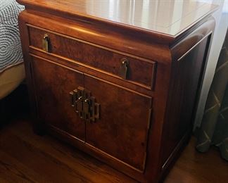14_____$950 	
Century king size bed (headboard can accommodate 
Queen mattress too)		
Burl wood Asian style Two night chests 25x16x26	
Dresser 62x18x32H	