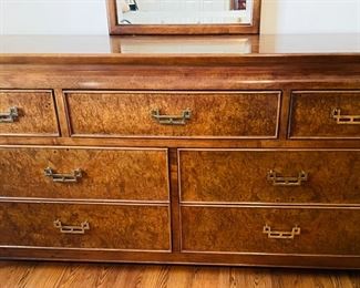 14_____$950 	
Century king size bed (headboard can accommodate 
Queen mattress too)		
Burl wood Asian style Two night chests 25x16x26	
Dresser 62x18x32H	