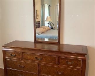 14_____$950 	
Century king size bed (headboard can accommodate 
Queen mattress too)		
Burl wood Asian style Two night chests 25x16x26	
Dresser 62x18x32H	