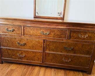14_____$950 	
Century king size bed (headboard can accommodate 
Queen mattress too)		
Burl wood Asian style Two night chests 25x16x26	
Dresser 62x18x32H	