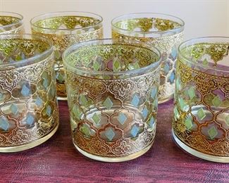 _____$120 
Barware Culver Valencia 1960's gold / green 5 tumbers + 6 wiskey		