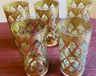 _____$120 
Barware Culver Valencia 1960's gold / green 5 tumbers + 6 wiskey		
