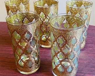 _____$120 
Barware Culver Valencia 1960's gold / green 5 tumbers + 6 wiskey		