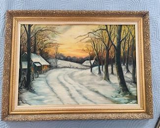 _____$200 	
Nicholson signed oil on board painting snow scene at sun down 24x32