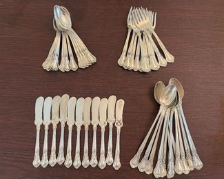 $2,150 - Chantilly gorham Sterling flatware 110 pieces - 12 dinner knifes (not weighted) , 12 dinner forks, 12 salad or dessert forks, 12 spoons, 12 butter spreaders, 12 ice tea spoons, 12 apetizer forks, 8 demi tasses spoons, 18 serving pieces (3 not weighted)- total 110 pieces 