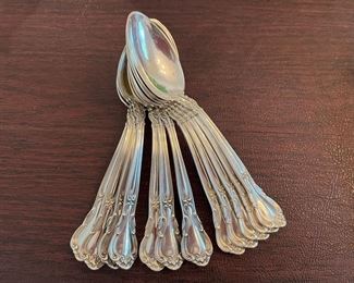 $2,150 - Chantilly gorham Sterling flatware 110 pieces - 12 dinner knifes (not weighted) , 12 dinner forks, 12 salad or dessert forks, 12 spoons, 12 butter spreaders, 12 ice tea spoons, 12 apetizer forks, 8 demi tasses spoons, 18 serving pieces (3 not weighted)- total 110 pieces 
