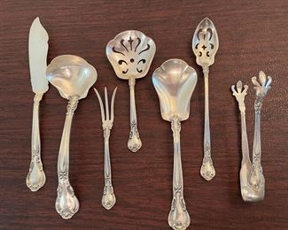 $2,150 - Chantilly gorham Sterling flatware 110 pieces - 12 dinner knifes (not weighted) , 12 dinner forks, 12 salad or dessert forks, 12 spoons, 12 butter spreaders, 12 ice tea spoons, 12 apetizer forks, 8 demi tasses spoons, 18 serving pieces (3 not weighted)- total 110 pieces 