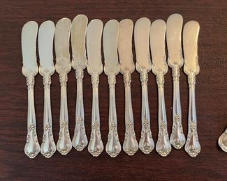 $2,150 - Chantilly gorham Sterling flatware 110 pieces - 12 dinner knifes (not weighted) , 12 dinner forks, 12 salad or dessert forks, 12 spoons, 12 butter spreaders, 12 ice tea spoons, 12 apetizer forks, 8 demi tasses spoons, 18 serving pieces (3 not weighted)- total 110 pieces 