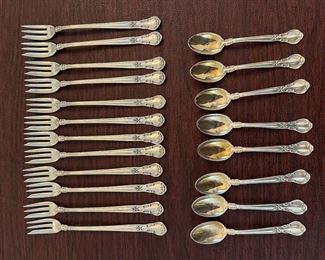 $2,150 - Chantilly gorham Sterling flatware 110 pieces - 12 dinner knifes (not weighted) , 12 dinner forks, 12 salad or dessert forks, 12 spoons, 12 butter spreaders, 12 ice tea spoons, 12 apetizer forks, 8 demi tasses spoons, 18 serving pieces (3 not weighted)- total 110 pieces 