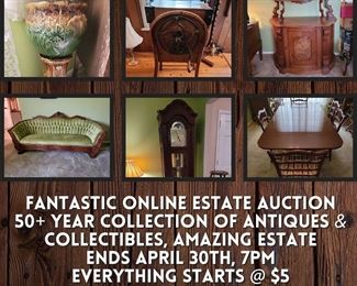 https://bit.ly/C2C04302023
FANTASTIC Antique & Collectible Estate Auction. All selling in an online estate auction ending on April 30th at 7pm, click the link to view the auction catalog, click "Quick Bid" on any lot in the auction and follow the prompts to register and bid to win!