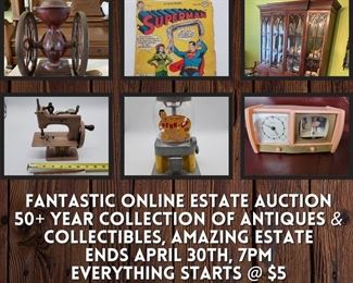 https://bit.ly/C2C04302023
FANTASTIC Antique & Collectible Estate Auction. All selling in an online estate auction ending on April 30th at 7pm, click the link to view the auction catalog, click "Quick Bid" on any lot in the auction and follow the prompts to register and bid to win!
