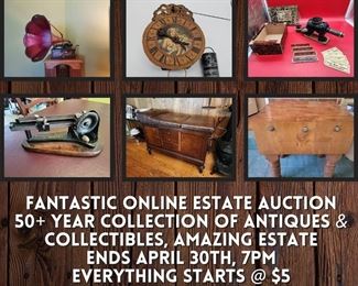 https://bit.ly/C2C04302023
FANTASTIC Antique & Collectible Estate Auction. All selling in an online estate auction ending on April 30th at 7pm, click the link to view the auction catalog, click "Quick Bid" on any lot in the auction and follow the prompts to register and bid to win!