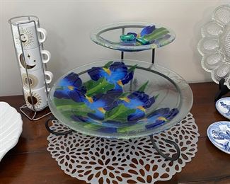 Peggy Karr Fused Glass 2-Tier Chip & Dip Bowls 