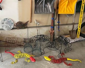 Iron Plant Stands • 30” Metal Garden Lizards • Iron Wheelbarrow Planter • Fish 