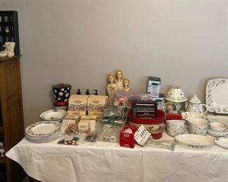 Pfaltzgraff Winterberry / China / Dishes / Snow Globe / Lamp / Salt & Pepper Shakers • Shot Glass Shadow Box w/ 28 Glasses • Tall Narrow Bookcase • Christmas Decor  